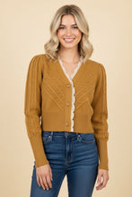 Load image into Gallery viewer, Heimish Lace Trim Button Front Knit Cardigan in Mustard
