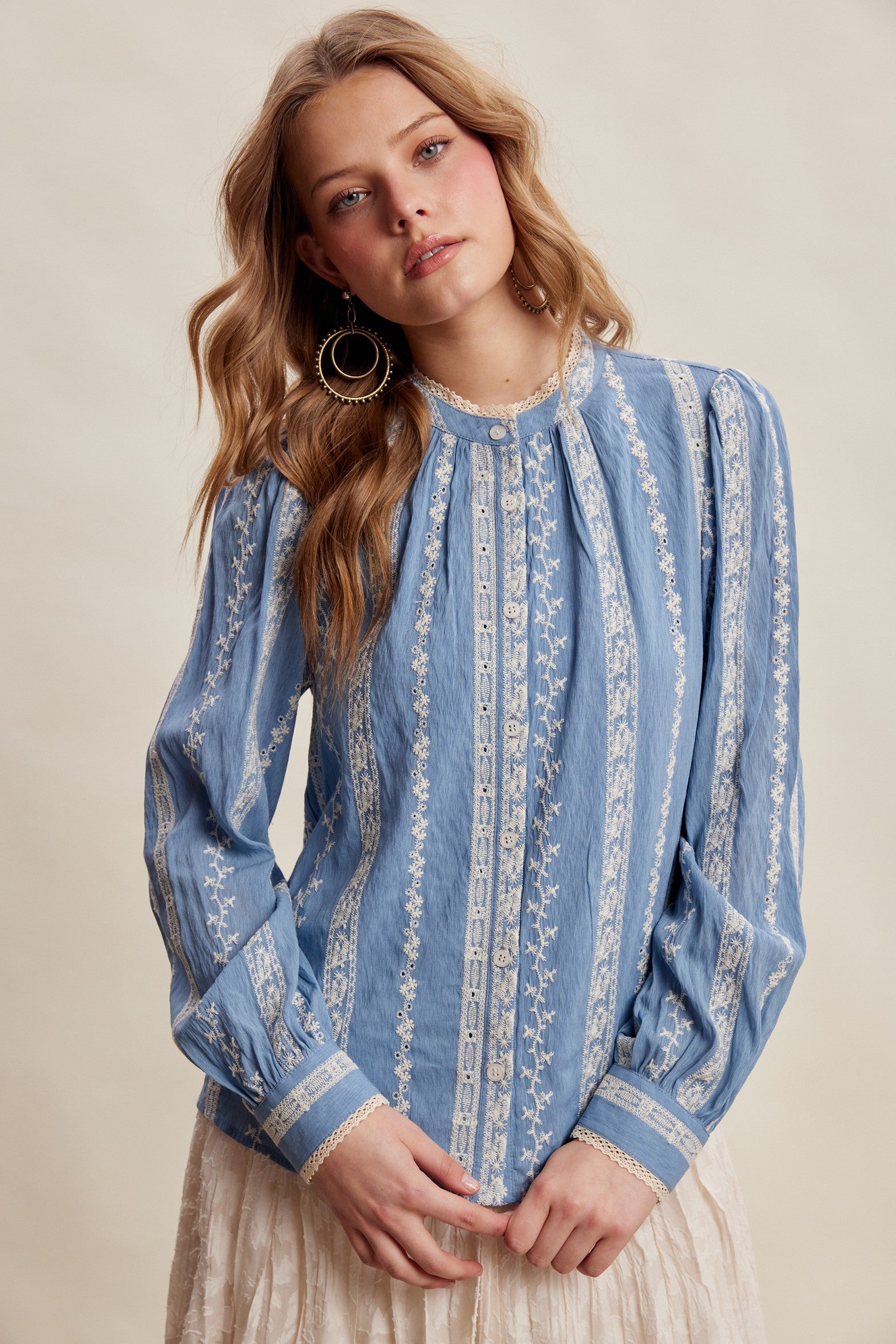 Listicle Embroidered Lace Trim Button-up Blouse in Denim Blue