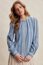 Load image into Gallery viewer, Listicle Embroidered Lace Trim Button-up Blouse in Denim Blue
