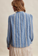Listicle Embroidered Lace Trim Button-up Blouse in Denim Blue