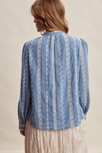 Listicle Embroidered Lace Trim Button-up Blouse in Denim Blue