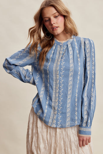 Listicle Embroidered Lace Trim Button-up Blouse in Denim Blue