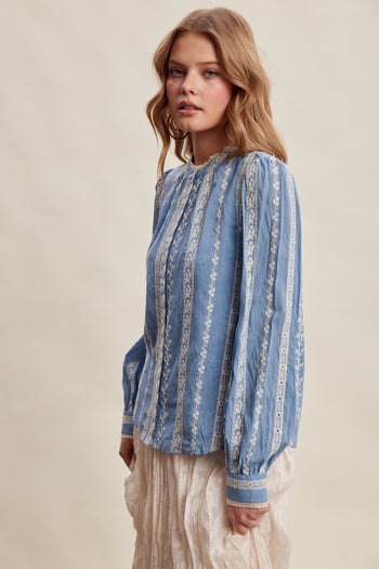 Listicle Embroidered Lace Trim Button-up Blouse in Denim Blue