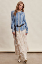 Load image into Gallery viewer, Listicle Embroidered Lace Trim Button-up Blouse in Denim Blue
