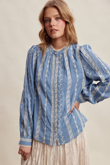 Listicle Embroidered Lace Trim Button-up Blouse in Denim Blue