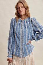 Load image into Gallery viewer, Listicle Embroidered Lace Trim Button-up Blouse in Denim Blue
