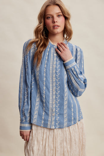 Listicle Embroidered Lace Trim Button-up Blouse in Denim Blue