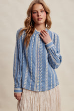 Load image into Gallery viewer, Listicle Embroidered Lace Trim Button-up Blouse in Denim Blue
