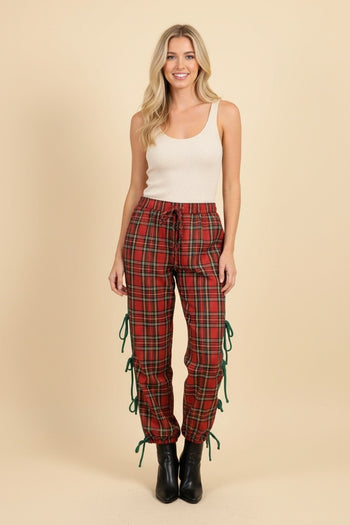 Heimish Plaid Drawstring Jogger Pants With Side Tie Detail in Red