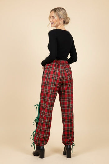 Heimish Plaid Drawstring Jogger Pants With Side Tie Detail in Red