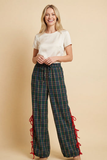 Heimish Plaid Drawstring Jogger Pants With Side Tie Detail in Hunter Green