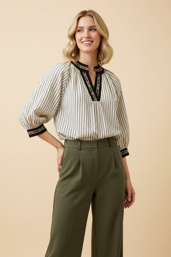 Heimish Striped Top With Contrast Geometric Trim in Cream