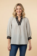 Heimish Striped Top With Contrast Geometric Trim in Cream
