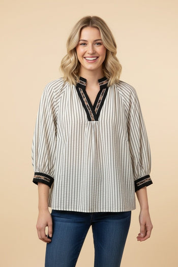 Heimish Striped Top With Contrast Geometric Trim in Cream