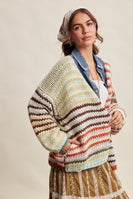 Listicle Chunky Multi Stripe Knit Cardigan in Rust Multi