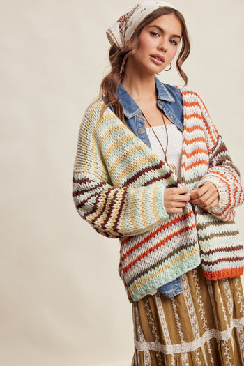 Listicle Chunky Multi Stripe Knit Cardigan in Rust Multi