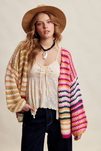 Listicle Chunky Multi Stripe Knit Cardigan in Cream Multi