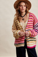 Listicle Chunky Multi Stripe Knit Cardigan in Cream Multi