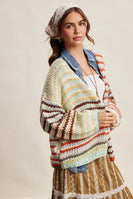 Listicle Chunky Multi Stripe Knit Cardigan in Rust Multi