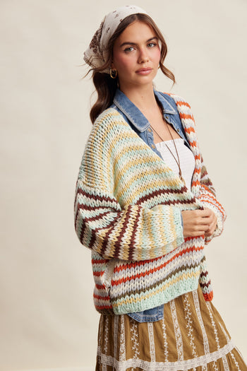 Listicle Chunky Multi Stripe Knit Cardigan in Rust Multi