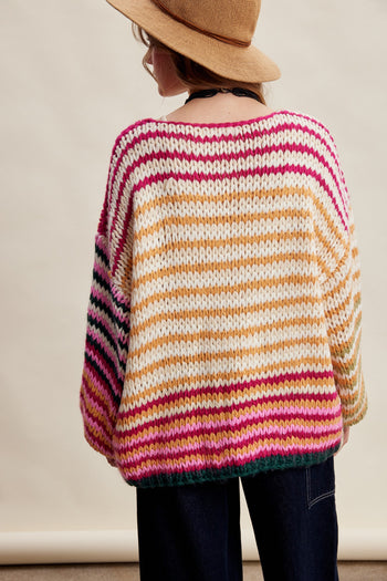 Listicle Chunky Multi Stripe Knit Cardigan in Cream Multi