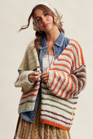 Listicle Chunky Multi Stripe Knit Cardigan in Rust Multi