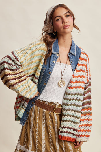 Listicle Chunky Multi Stripe Knit Cardigan in Rust Multi