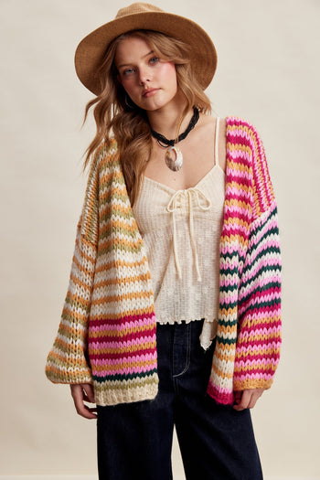 Listicle Chunky Multi Stripe Knit Cardigan in Cream Multi