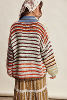 Listicle Chunky Multi Stripe Knit Cardigan in Rust Multi