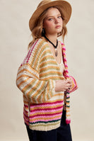 Listicle Chunky Multi Stripe Knit Cardigan in Cream Multi