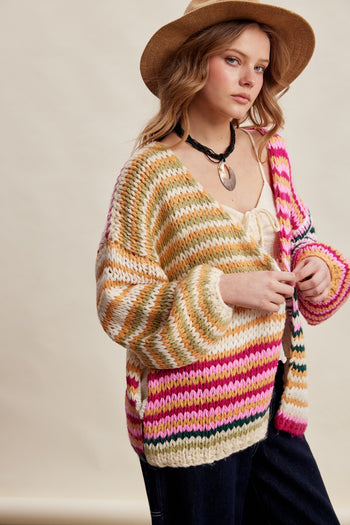 Listicle Chunky Multi Stripe Knit Cardigan in Cream Multi