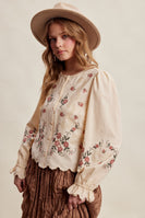 Listicle Embroidered Scallop Hem Cotton Blouse in Ecru