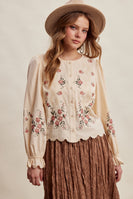 Listicle Embroidered Scallop Hem Cotton Blouse in Ecru