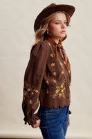 Listicle Embroidered Scallop Hem Cotton Blouse in Espresso