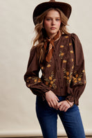 Listicle Embroidered Scallop Hem Cotton Blouse in Espresso
