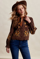 Listicle Embroidered Scallop Hem Cotton Blouse in Espresso