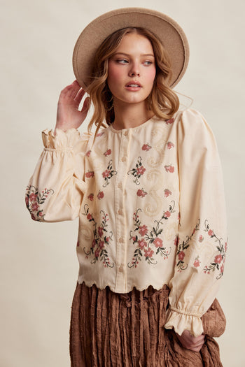 Listicle Embroidered Scallop Hem Cotton Blouse in Ecru
