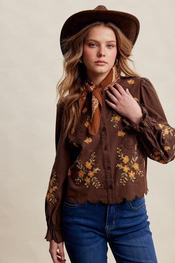 Listicle Embroidered Scallop Hem Cotton Blouse in Espresso