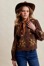 Load image into Gallery viewer, Listicle Embroidered Scallop Hem Cotton Blouse in Espresso
