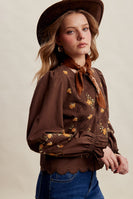 Listicle Embroidered Scallop Hem Cotton Blouse in Espresso