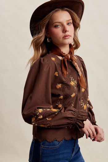 Listicle Embroidered Scallop Hem Cotton Blouse in Espresso