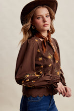 Load image into Gallery viewer, Listicle Embroidered Scallop Hem Cotton Blouse in Espresso
