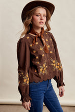 Load image into Gallery viewer, Listicle Embroidered Scallop Hem Cotton Blouse in Espresso
