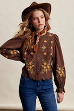 Load image into Gallery viewer, Listicle Embroidered Scallop Hem Cotton Blouse in Espresso
