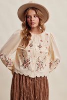 Listicle Embroidered Scallop Hem Cotton Blouse in Ecru