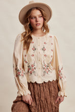 Load image into Gallery viewer, Listicle Embroidered Scallop Hem Cotton Blouse in Ecru
