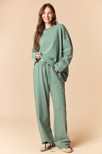 Peach Love OVERSIZED Striped Top And Wide Pants Set in Hunter Green