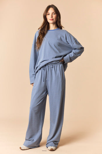Peach Love OVERSIZED Striped Top And Wide Pants Set in Dusty Blue