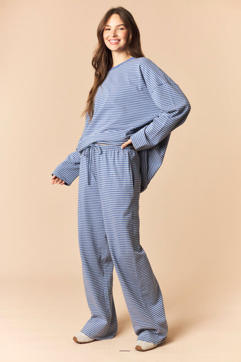 Peach Love OVERSIZED Striped Top And Wide Pants Set in Dusty Blue