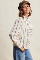 Listicle Embroidered Stripe Ruffle Front Cotton Blouse in Brown
